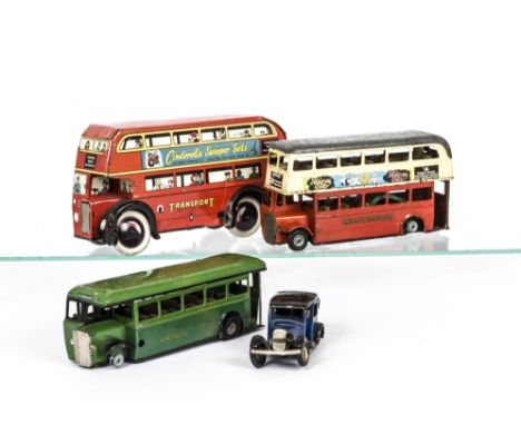 British Tinplate Clockwork Buses, Wells Brimtoy Double Decker Bus, Tri-ang Minic Double Decker Bus, Single Deck 'Green Line' 