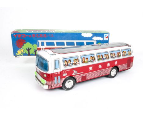 Ichiko Japan Large Scale Tinplate Tomei Expressway Bus, friction drive model, detailed tinprinted body with red lower, white 