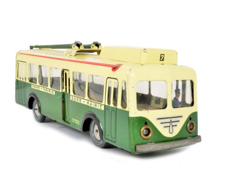 A Joustra Tinplate Clockwork Trolley-Bus No.444, large scale model with detailed tinprinted body in dark green and cream, reg