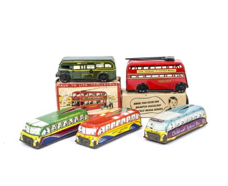 Wells Brimtoy Pocketoy Green Line Bus, dark green tinplate clockwork model with black plastic wheels, in Brimtoy Green Line G