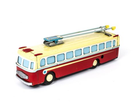 A Chinese Tinplate Clockwork Trolleybus MS 705, red lower body, cream upper, light blue trolley poles, chrome trim, G, lackin