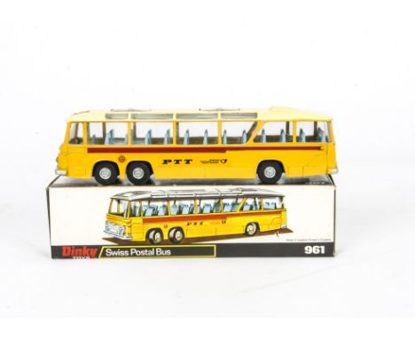 A Dinky Toys 961 Swiss Postal Bus, yellow body, cream roof, blue interior, PTT labels, in original box, VG-E, would benefit f