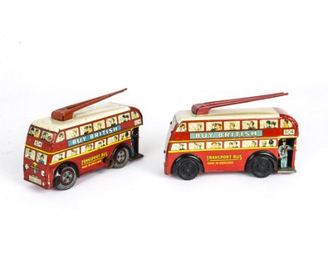 Wells Brimtoy Tinplate No.105 Trolley Buses, two examples, one with fixed key clockwork motor, the other push and go friction