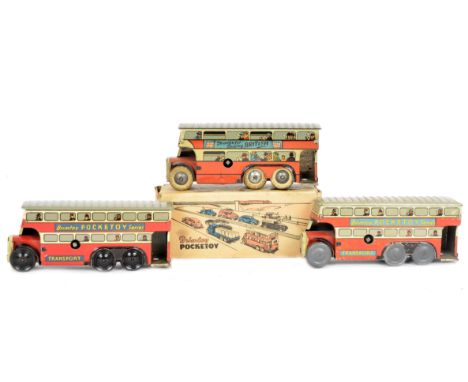 Wells Brimtoy Pocketoy Series Omnibus No.9/503, tinplate clockwork bus, six black plastic wheels, in original box, with two s