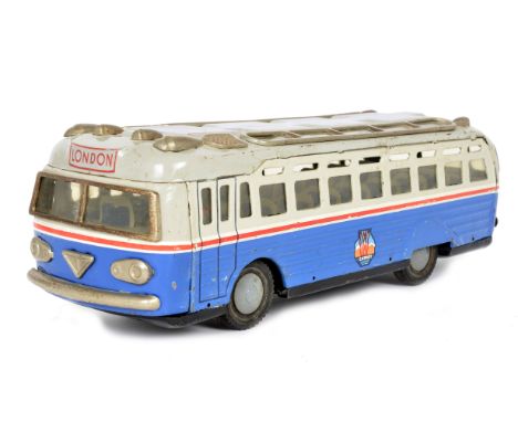 A Romanian Tinplate Friction Drive ONT Carpati Tourist Coach, large scale model with dark blue lower body, grey upper, ten ro