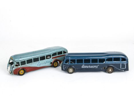 A Pair Of CIJ Renault 'Excursions' Coaches Ref.6/10, both tinplate clockwork models, one in dark blue with pierced grille, th