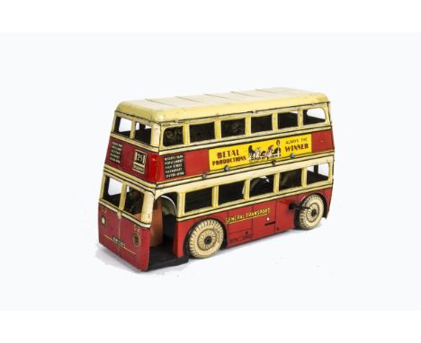 A Betal Productions Tinplate Clockwork Q Type Double Deck Bus, large scale bus with detailed tinprinted body in red/cream, 'L