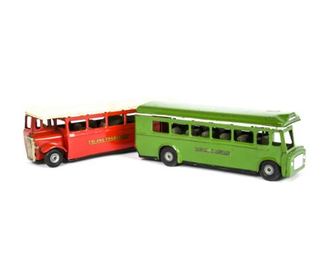 Tri-ang Minic Tinplate Push &amp; Go 52M Single Deck Buses, two examples, first red body, cream roof, 'Tri-ang Transport' dec