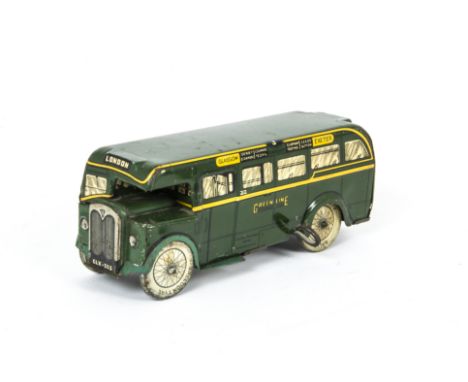 A Wells Brimtoy Tinplate Clockwork No.122 Green Line Bus, large scale bus in dark green with yellow trim, detailed tinprinted