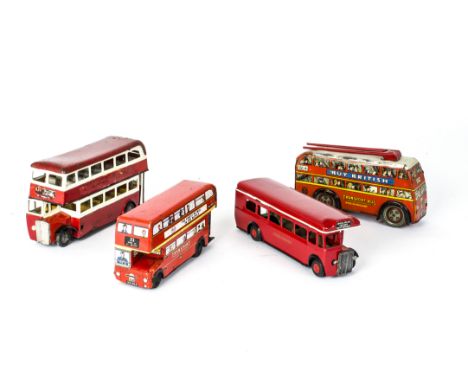 British Tinplate Buses, Wells clockwork Trolley Bus, Brimtoy Pocketoy mechanical Routemaster Bus, Tri-ang Minic Single Deck B