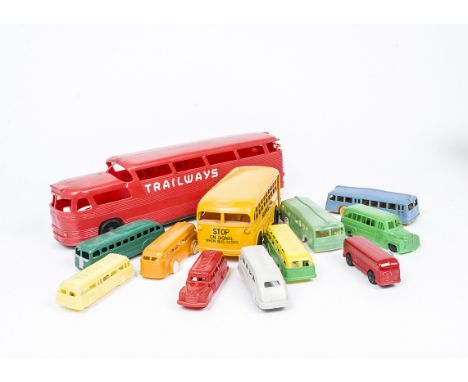 American Plastic Buses, including Marx School Bus, Renwall City Bus No.124, School Bus No.123, Wannatoy Bus, Hollywood Bus (2