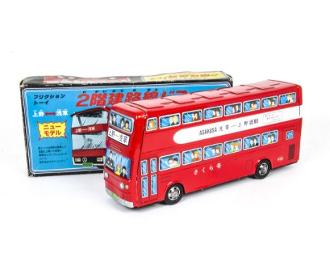 A Large Scale Japanese Tinplate Neoplan Skyliner Type Bus, friction drive model, detailed tinprinted body in red with 'Asakus