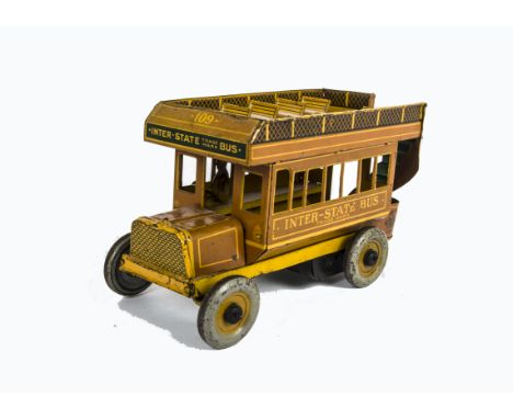 A Ferdinand Strauss (USA) Tinplate Clockwork Inter-State Bus, scarce large scale double decker open top bus in brown and yell