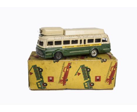 A Charles Rossignol Tinplate Battery Operated Autobus No.777, dark green lower body, cream upper, battery operated motor and 