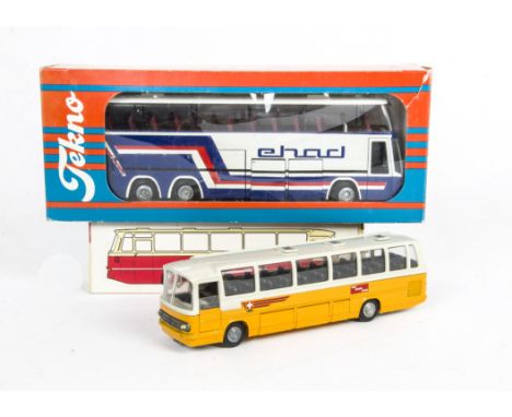 A Tekno (Denmark) 950 Mercedes-Benz O302 Bus "PTT", orange/yellow lower body, Swiss PTT decals, light grey upper body, with D