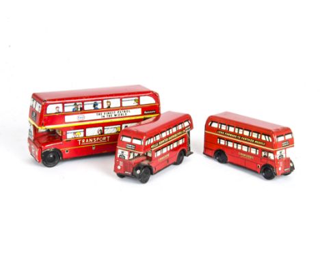 Wells Brimtoy Pocketoy Series Double Decker Buses, No.9/517 Stop &amp; Go tinplate clockwork Bus, similar friction drive exam