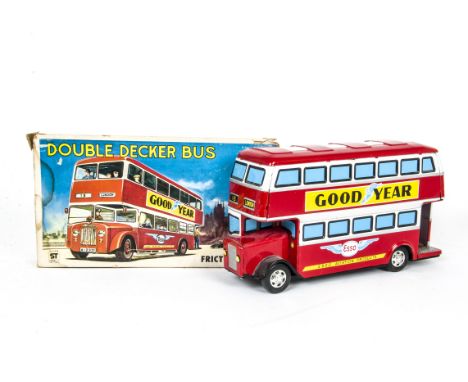 Asakusa Toys Japan Tinplate Double Decker Bus, large scale friction drive model, detailed tinprinted body, 'Goodyear' and 'Du