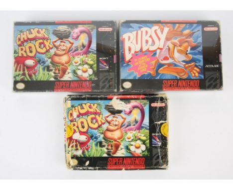 Super Nintendo (SNES) platforming classics bundle Includes: Bubsy and Chuck Rock (x2) Condition Report:  Bubsy and 1 copy of 