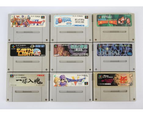 An assortment of loose NTSC-J Super Famicom cartridges (x9) Highlights include: Dragon Quest VI, Kiwame II, Burai, Super Donk