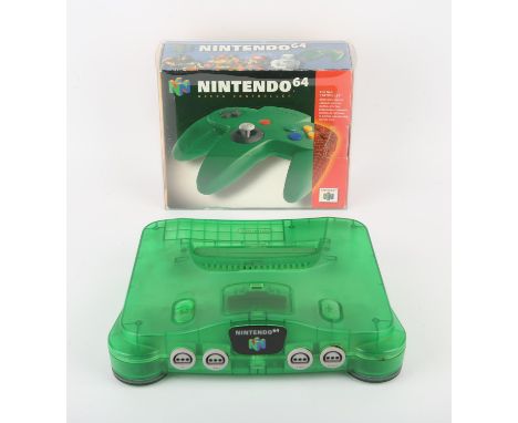 Nintendo 64 (N64) Jungle Green Console with Green controller + power supply Condition Report:  Console is loose and controlle