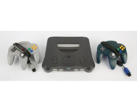 Nintendo 64 (N64) Console + 1 grey controller, 1 blue controller & power pack Condition Report:  Items are loose and in used 
