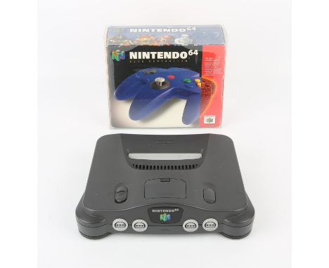 Nintendo 64 (N64) Console with boxed Blue Controller + power supply Condition Report:  Console is loose and controller is box