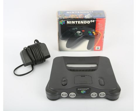 Nintendo 64 (N64) Console with boxed Black Controller + power supply Condition Report:  Console is loose and controller is bo