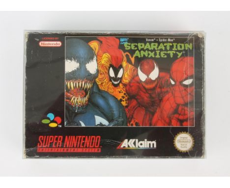 Super Nintendo (SNES) Separation Anxiety (PAL) Spider-Man game Condition Report:  Item is boxed, without its manual and in us