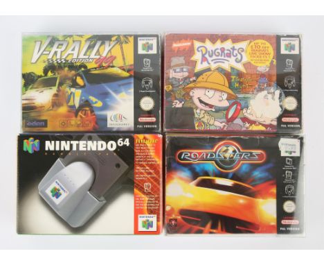 Nintendo 64 (N64) 'Designed for Rumble Pak' bundle + Rumble Pak accessory Includes: V-Rally, Roadsters and Rugrats Treasure H