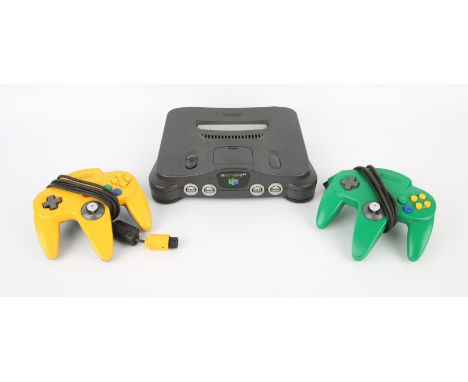 Nintendo 64 (N64) Console + 1 green controller, 1 yellow controller & power supply Condition Report:  Items are loose an in u