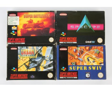 Super Nintendo (SNES) warfare bundle Includes: Super Swiv, Spectre, Urban Strike and Super Battletank Condition Report:  Game