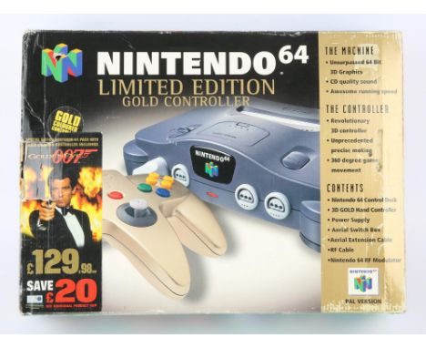 Nintendo 64 (N64) Console [with limited edition gold controller] + Goldeneye Condition Report:  Item is CIB. The outer box ha
