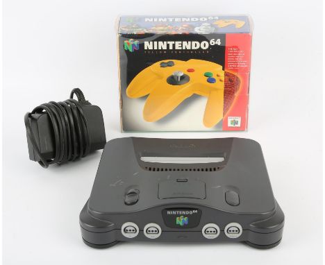 Nintendo 64 (N64) Console with boxed Yellow Controller + power supply Condition Report:  Console is loose and controller is b