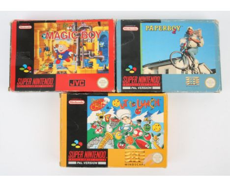 Super Nintendo (SNES) arcade classics bundle Includes: Paperboy 2,Magic Boy and Out to Lunch Condition Report:  Paperboy 2 is