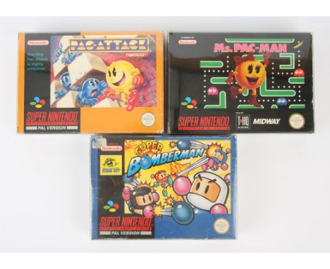 Super Nintendo (SNES) arcade classics bundle Includes: Pac Attack, Ms. Pac Man and Super Bomberman Condition Report:  Games a