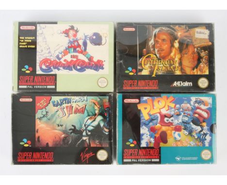 Super Nintendo (SNES) platforming adventure bundle Includes: Cutthroat Island, Earthworm Jim, Kid Klown's Crazy Chase and Plo