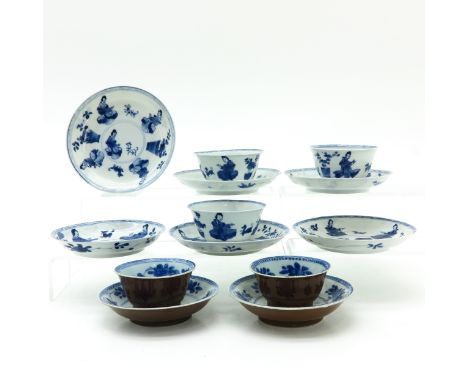 Including blue and white and batavian decor, largest saucers are 13 cm. in diameter, some with chip and hairline.