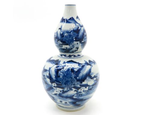 Landscape decor with houses in mountains, marked with double ring, 37 cm. tall. 
