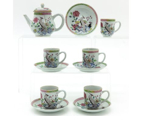 Including five cups and saucers and a teapot, 18th Century, Yongzheng Period, saucers are 14 cm. in diameter, in diverse cond