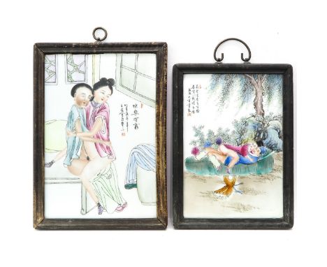 Depicting erotic scenes with Chinese text and seal marks, largest tile is 23 x 34 cm.