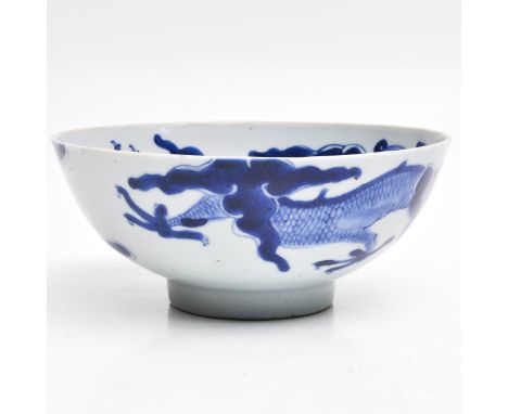 Dragon and cloud decor, marked with double ring and Chinese symbol on bottom, 16 cm. in diameter. 