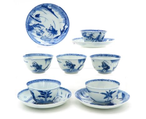 Including four saucers and six cups, saucers are 11 cm. in diameter, some with chip and hairline.