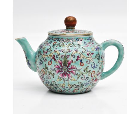 Light green ground with floral decor in Famille Rose enamels, Jiaqing Mark, 10 cm. tall.