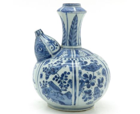 Decorated with panels with flowers and birds, 19 cm. tall, chips on stand ring.