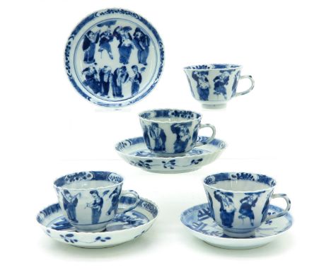 Including four cups and four saucers, some cups and cups marked Kangxi, 18th Century, largest saucers are 12 cm. in diameter,
