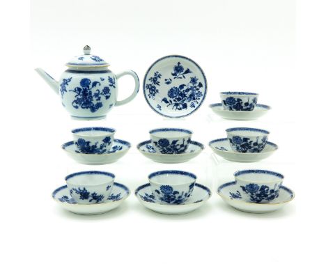 Blue and white floral decor, saucers are 11 cm. in diameter, some with chip and hairline.