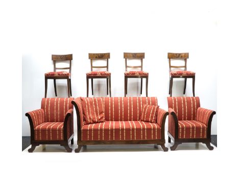 Including four chairs, coffee table, two arm chairs and sofa, mahogany, sofa is 156 cm. long.