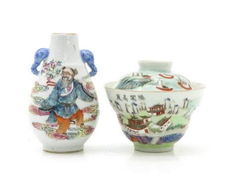 Both in Famille Rose enamels, small vase is 10 cm. tall, cup with cover depicting landscape with sailing scene marked with fo