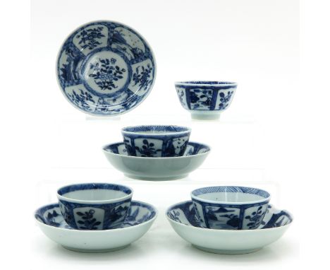 Blue and white floral decor with landscapes, 18th Century, saucers are 12 cm. in diameter, chips on edge.