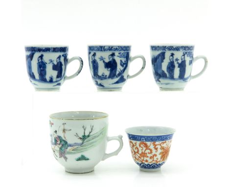 In diverse decors and sizes, including 18th Century, largest cup is 7 cm. tall,  with chip and hairline.